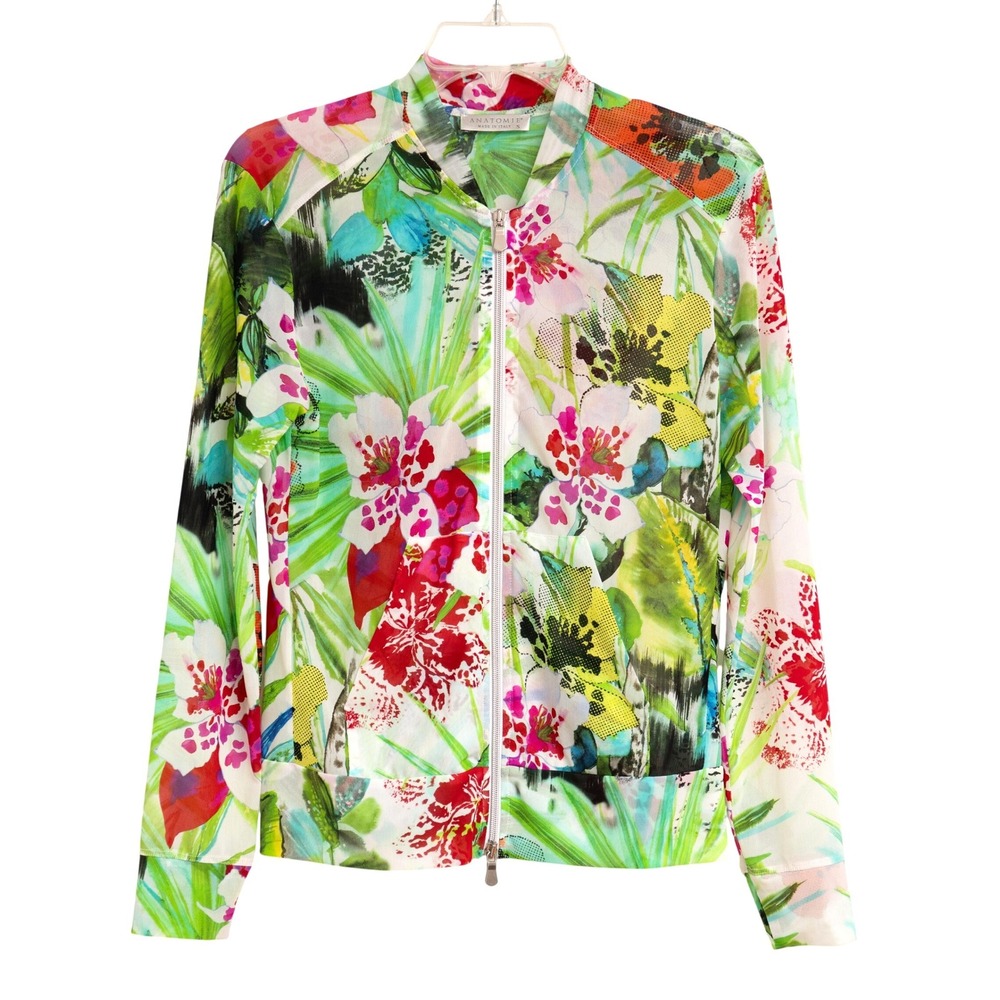 Anatomie Sheer Jacket Top Sz S Tropical Floral Mesh Full Zip Athleisure Designer